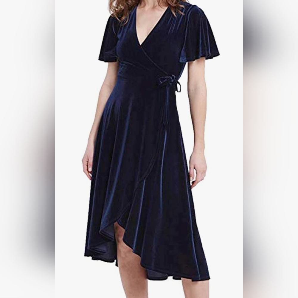 Sz 12/14, super stretchy,  elegant, velvet dress by R. VIVOMOS. Navy